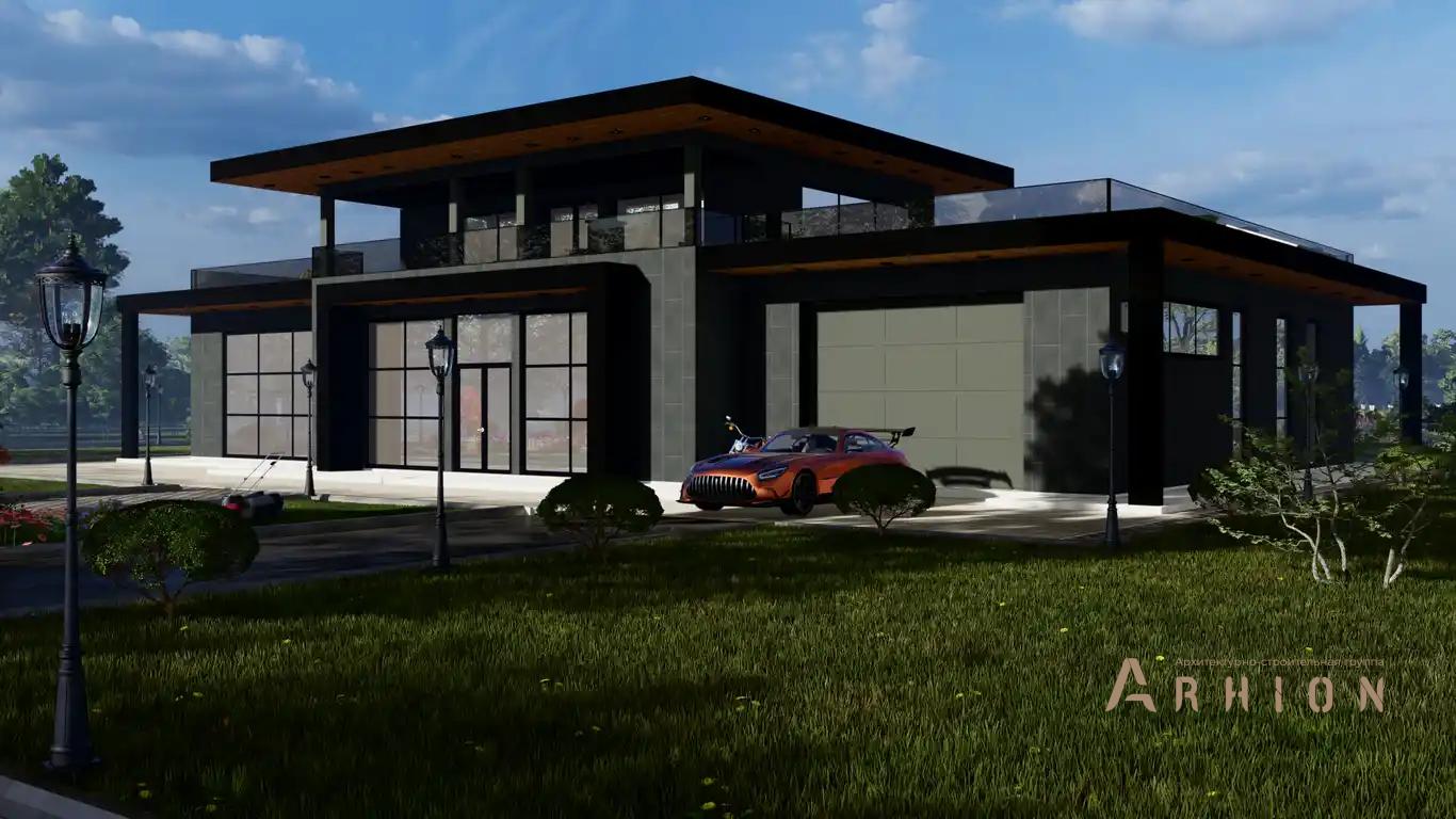 6. Проект двухэтажного дома в стиле хай-тек с плоской кровлей , h-1612, площадью - 545 кв c терассой, балконом, гаражом